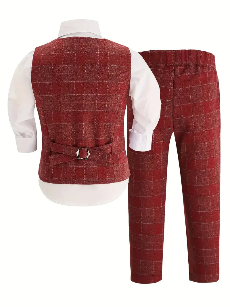 Boys Plaid Vest Pants Bowtie 3Pieces Formal Wedding Birthday Outfit Suit Kids