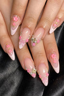 24Pcs Mid-length French Almond Press on Nails Bow Flower False Nails Rhinestone Reusable Full Cover Nails Tips