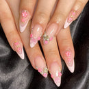 24Pcs Mid-length French Almond Press on Nails Bow Flower False Nails Rhinestone Reusable Full Cover Nails Tips