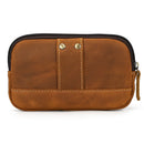 Obroi Brown leather pouch with gold buttons on a white background