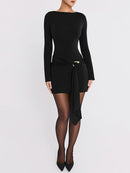 Long Sleeve Draped Mini Dress For Women O Neck Bodycon Club Party Dress Elegant