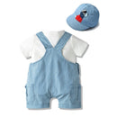 Newborn Boy Bodysuit Set Baby Boys Outfits Clothes Set Hat Overall Strap Blue Jumpsuit Costume Cotton Summer