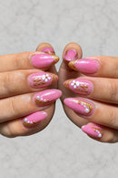 24‑piece almond fake nails‑sparkling pink with golden layered french & white flower pearl decor