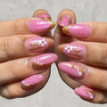 24‑piece almond fake nails‑sparkling pink with golden layered french & white flower pearl decor