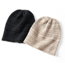 Two knit beanies, one black and one beige, on a white background, Obroi