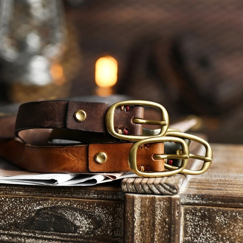 Retro Narrow Genuine Leather Women Belt Pure Copper Button Western Jeans Belt Women Belt
