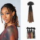 A model on the left shows styled dreadlock braids with dark roots and warm brown lengths, while the right side displays three packs of synthetic dreadlock extension bundles, including one with a black ombre top and brown ends, and two with black, brown, and gold ombre ends, Obroi