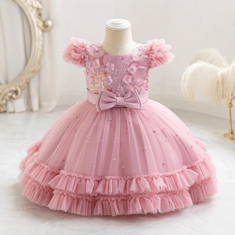 Appliques Baby Birthday Party Dress Beading Sequins Flower Girl Gown for Weddings Princess