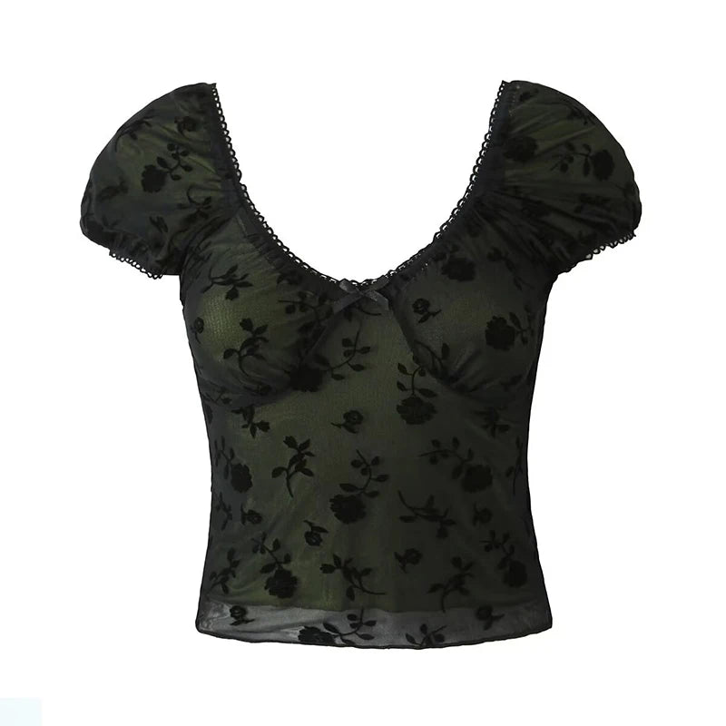 Women Rose Floral Mesh Crop Top Sexy Puff Sleeve Ladies Chic Summer Tops