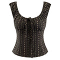 Summer Women Plaid Square Neck Crop Top Ruched Shoulder Drawstring Button Slim Summer Blouse