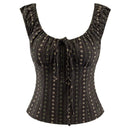 Summer Women Plaid Square Neck Crop Top Ruched Shoulder Drawstring Button Slim Summer Blouse