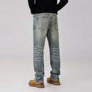 Men Distressed Washed Ripped Jeans - Loose Slim Tapered Patchwork Pant
