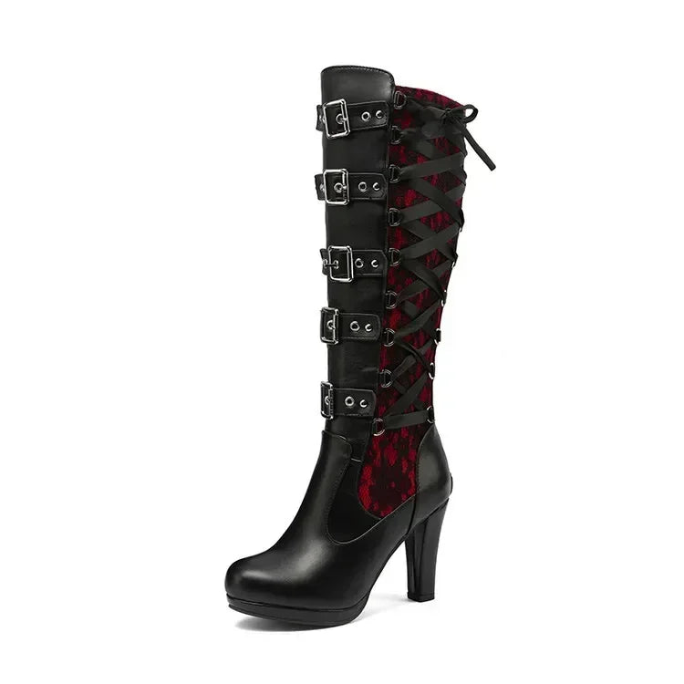 Women Platform Boots Heel Mid Calf Boots  Knot Goth Gothic Shoes Botas