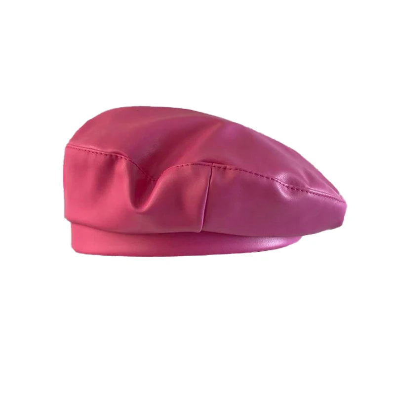 Lady Matte Pu Synthetic Leather Flat Top Artist Hat Fashion Color Pink Street Dance Beret Hat