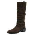 Leather Knee High Boots Women Mid Heels Western Boots Autumn Winter Botas
