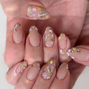 Mid-length Almond French Full Cover Nails Tips Flower Rhinestone with Design Nails Detachable Press on Nails