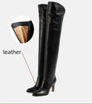 Simple and High Heels Over The Knee Sleeve Leather Boots Women's Large Round Knight Boots