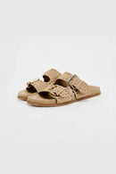 Beige sandals with gold buckles on a light gray background, Obroi