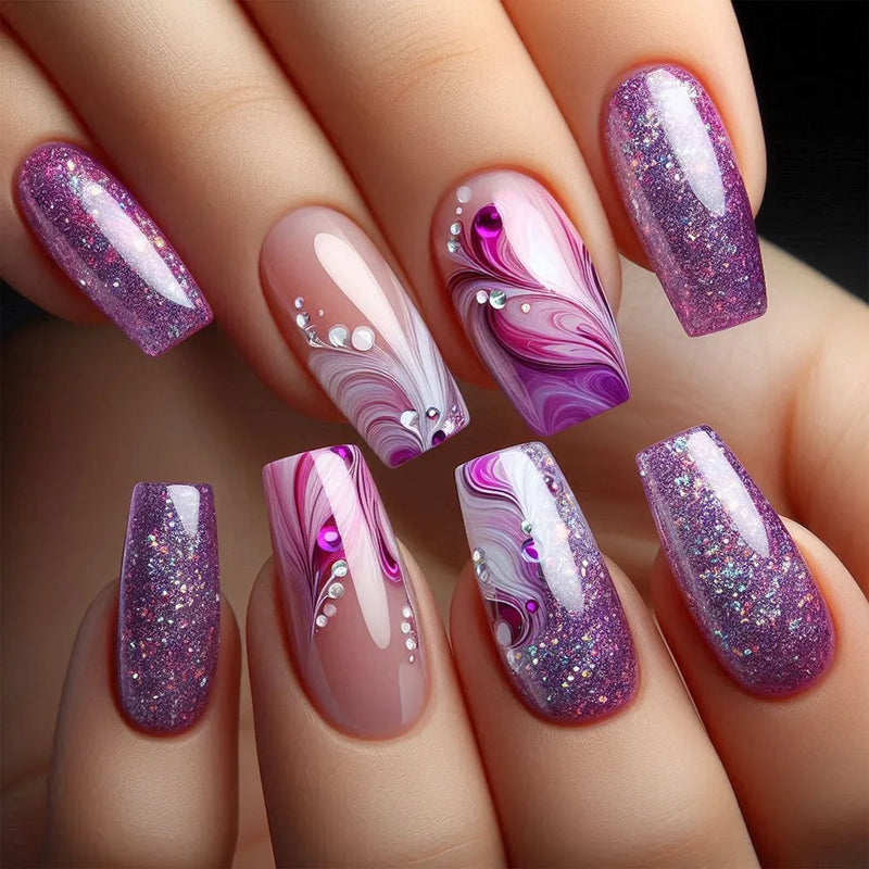 24pcs Ballet Nails Sets Press on Flower Design Mid-length False Nails Art Gradient