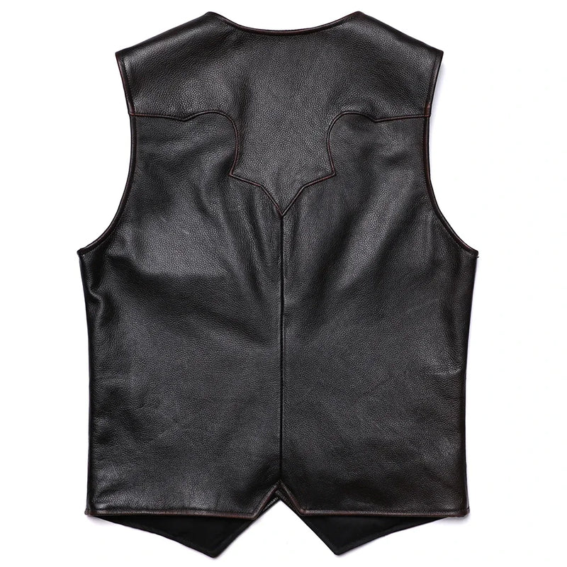 New Brown Edge Grinding V-neck Genuine Leather Vest Men's Natural Cowhide Slim Sleeveless Jacket Business Gentleman Waistcoat