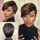 Glueless Side Part Pixie Cut Human Hair Wig Brown Highlight Layered Short Bob Wig Pre Plucked Hairline