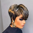 Woman with a stylish haircut and makeup against a gray background, Obroi