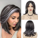 Wigs for Women Long Hair Old Lady Wig Layered Hair with Curtain Bangs Mix Grey Color Natural Wigs