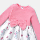Toddler Girl Elephant Ribbed Splice Bowknot Design Long-sleeve Dress