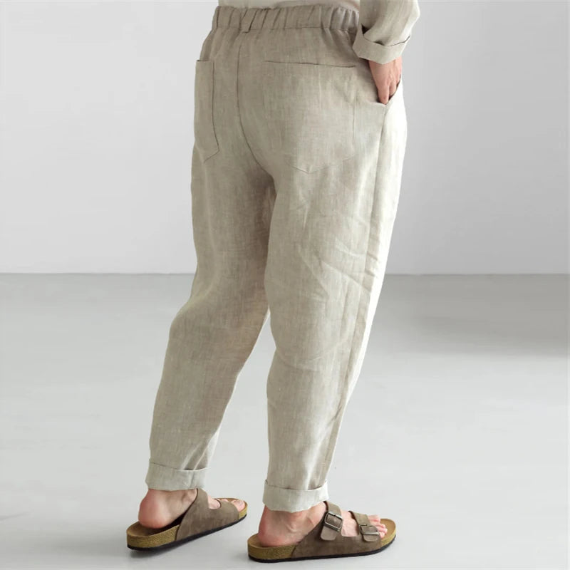 Linen Trousers Men Autumn Casual Pleated Loose Straight Pants Men Spring Trouser