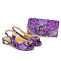 Purple embellished shoes and handbag set on a white background, Obroi