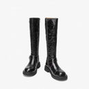 Women Pleated Thick Heel Knee High Women Boots, Knight Boots Round Toe Side Zipper Mid Leg Boots