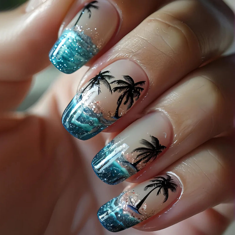Summer Ocean Press on Nails with Coconut Tree Patterns Glitter