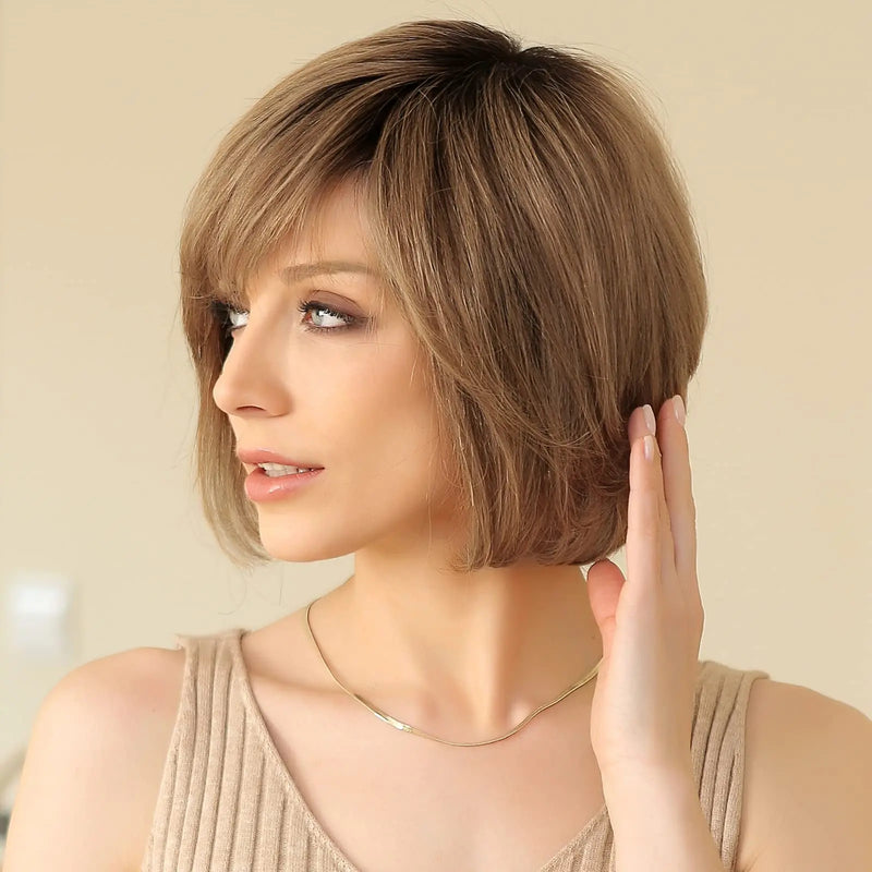 Brown Blonde Hair Wigs Transparent Lace Front Wig Short Layered Wavy Hand-Tied Lace
