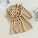 Children Girl Trench Coat Ruffled Solid Long Sleeve Lapel Double Breasted Khaki Windbreaker with Belt
