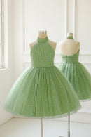 Flower Girl Dress Knee Length Halter Glitter Tulle Sequin Wedding Birthday Party Gown