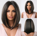 Brown Highlight Short Straight Hair Wig Bob Wigs With Bangs for Women