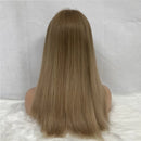 A straight, shoulder-length wig with a warm light brown to blonde balayage, shown from the back on a mannequin head against a white textured backdrop, Obroi