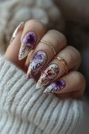 24PCS Classical Purple Gradient French Nails Retro Floral Luxurious Gold Foil Almond Nails