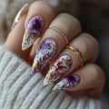 24PCS Classical Purple Gradient French Nails Retro Floral Luxurious Gold Foil Almond Nails
