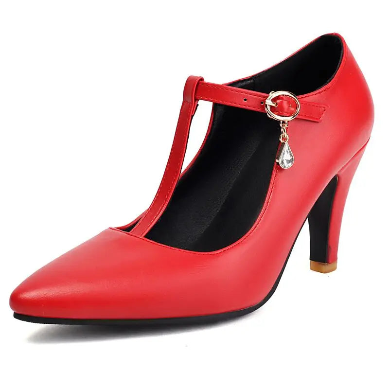 Pumps for Women Pointed Toe Thin Heels 8.5cm Buckle T-Strap Shoes