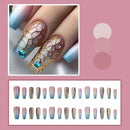 24pcs Pink Blue Gradient False Nails Press On Nails Spicy Girl Gem Fake Nails With Gold Plaid Design Wearable