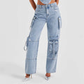 Chic Women Casual Loose Straight Cargo Jeans Pants Female Wide Leg Denim Trousers