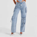 Chic Women Casual Loose Straight Cargo Jeans Pants Female Wide Leg Denim Trousers