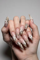 24PCS Leopard Zebra Nails White Flower Gold Pearl False Nails Sweet Elegant Wild Style Reusable Press on Artificial Nails