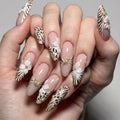 24PCS Leopard Zebra Nails White Flower Gold Pearl False Nails Sweet Elegant Wild Style Reusable Press on Artificial Nails