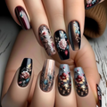 Medium long fake nails for women girls gradient blue golden red black flowers glossy ballet square tips press on false nail art