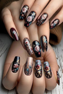 Medium long fake nails for women girls gradient blue golden red black flowers glossy ballet square tips press on false nail art