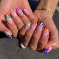 Short Round Head Nails Press on With Colorful Leaf Design Full Cover False Nails Tips Detachable