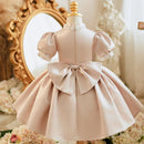 Children's Princess Ball Gown Bow Pearls Puff Sleeve Design Wedding Birthday Baptism Party Girls Dresses