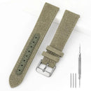 Khaki watch strap with silver buckle and tools on a white background